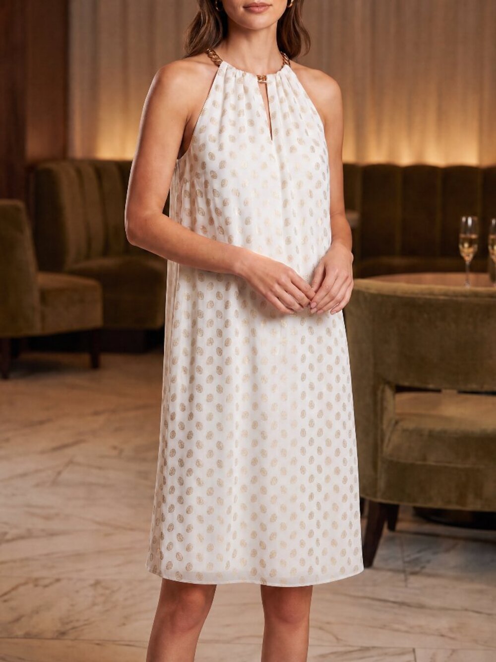 MICHAEL Michael Kors White & Gold Metallic Dot Chain-Neck Halter Shift Dress